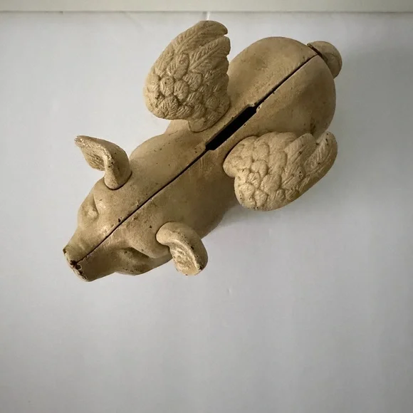 Vintage Piggy Bank Cast Iron Pig Wings Flying Rustic Farmhouse Coin Bank